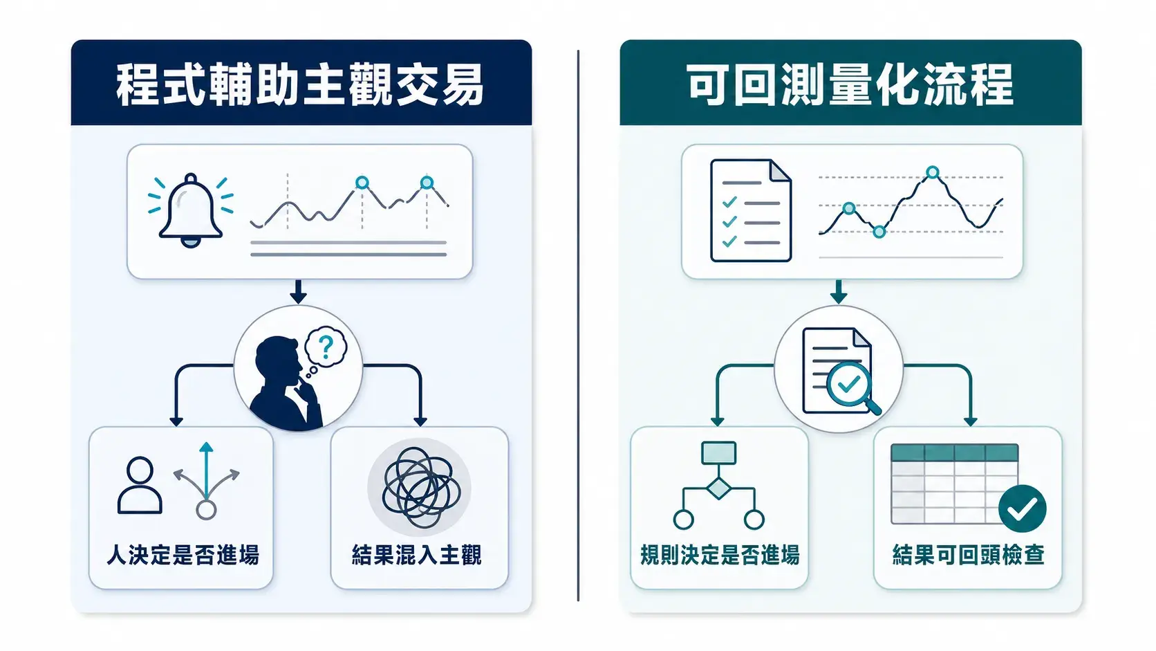 程式輔助主觀交易與可回測量化流程比較圖,說明人決定是否進場與規則決定是否進場的差異