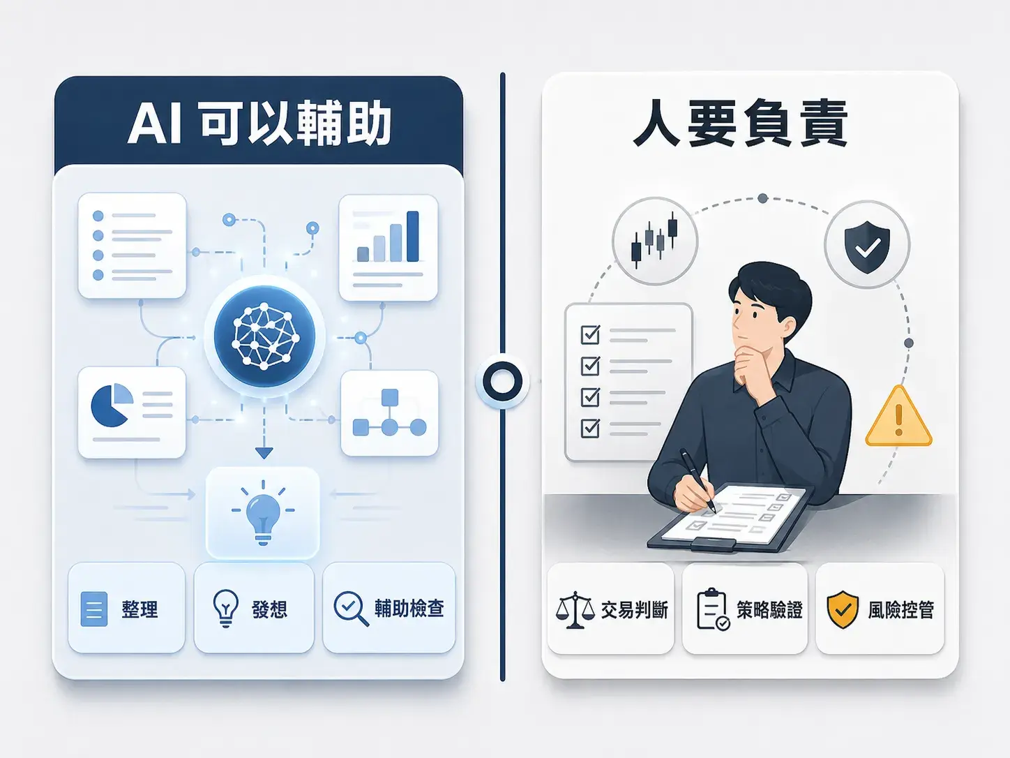 169 Ai 可以輔助整理、發想與檢查，但交易判斷、策略驗證與風險控管仍須由人負責的比較圖