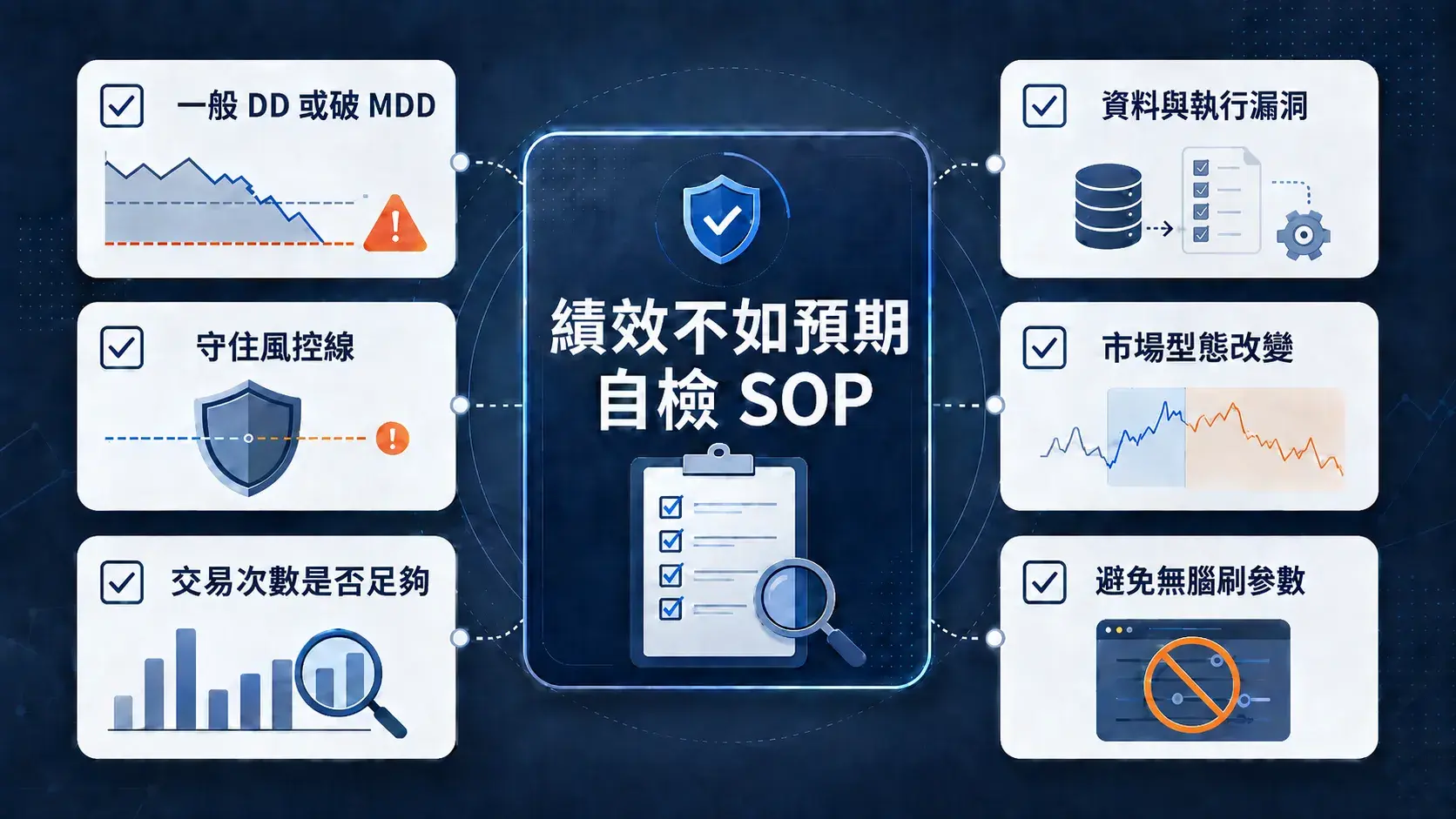 量化交易策略績效不如預期時的自檢 SOP 圖，包含一般 DD 或破 MDD、守住風控線、交易次數是否足夠、資料與執行漏洞、市場型態改變與避免無腦刷參數等檢查項目